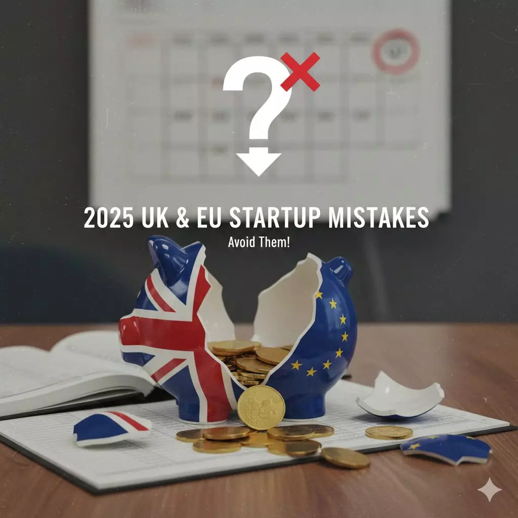 Question mark and red X over a 2025 UK and EU startup mistakes graphic