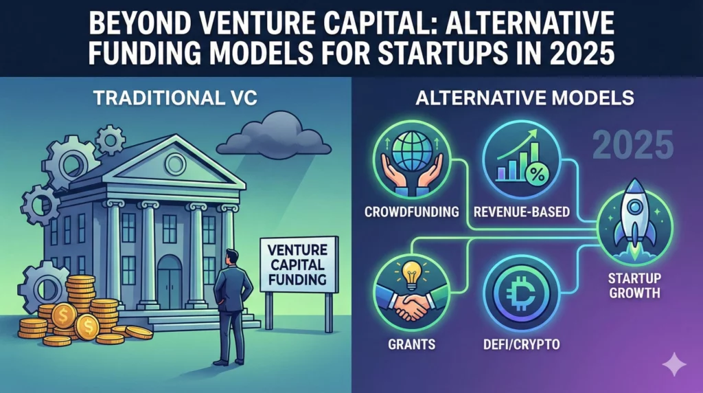 Purple infographic comparing traditional VC and alternative startup funding models